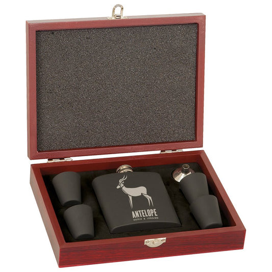 6 oz. Matte Black Stainless Steel Flask Set in Wood Presentation Box